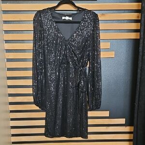 VINE & LOVE Balloon Sleeve Black Sequin Tie Waist Party Dress New S-L NWT